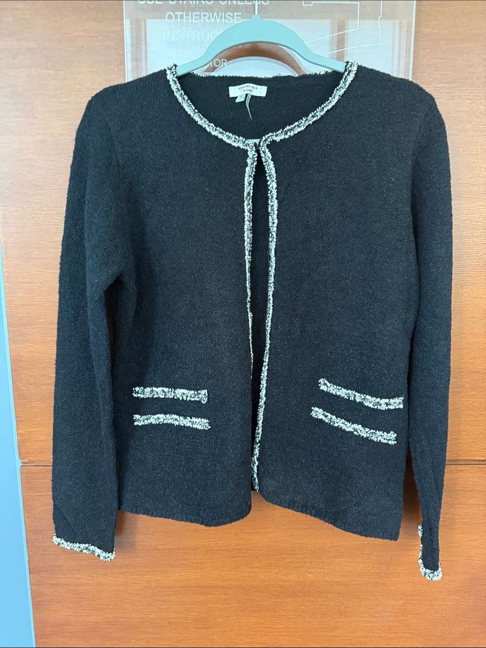 Essentials Black Bouclé Open Cardigan with Cream Trim